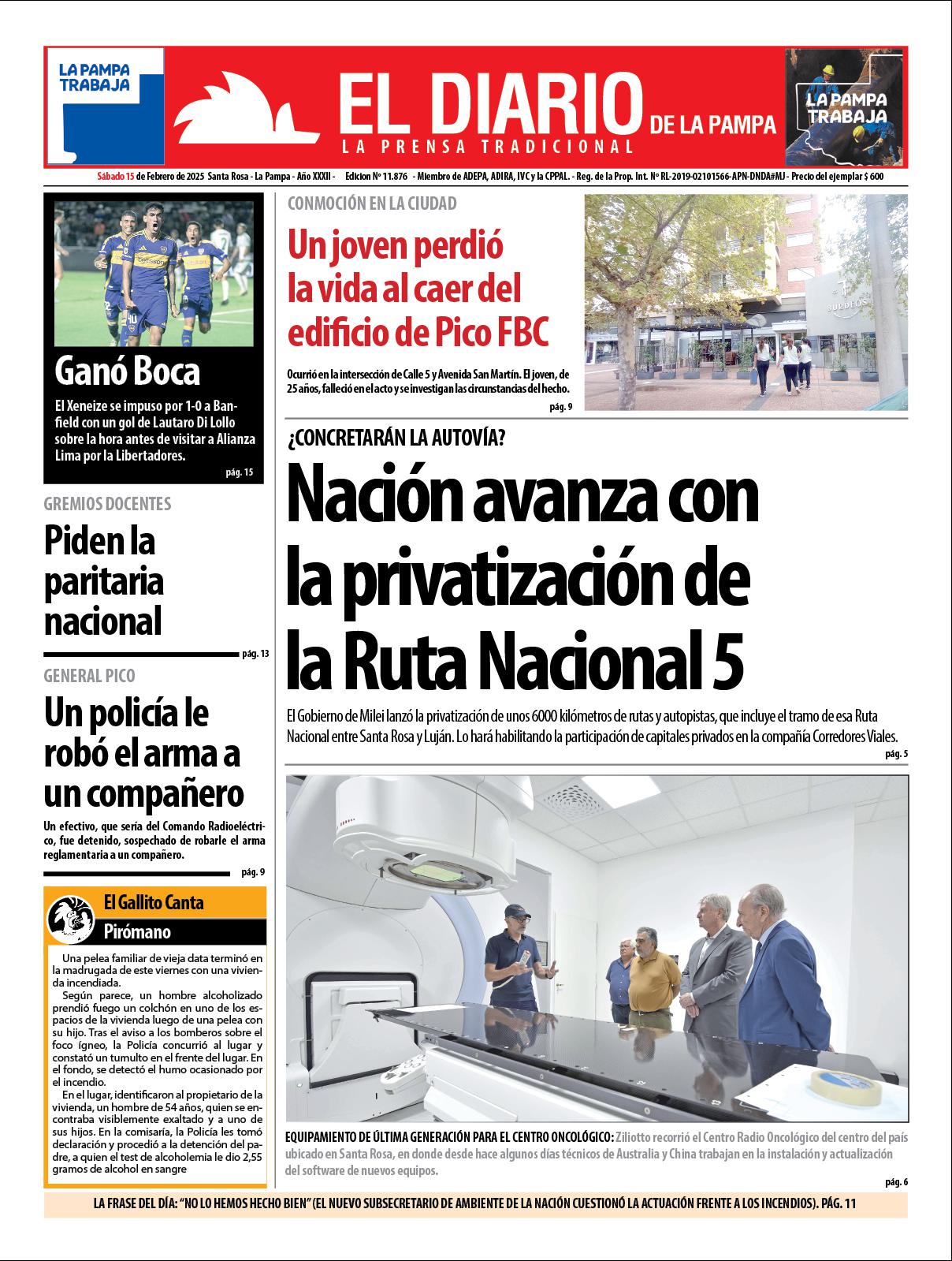 Tapa de El Diario en papel  saacutebado 15 de febrero de 2025